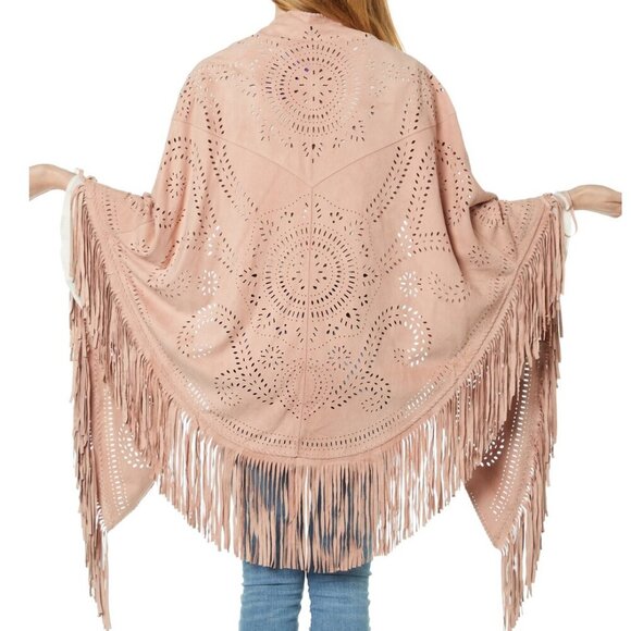 Sarah Stewart Genuine Lamb Suede Leather Laser Cut Fringe Trim Suzette Shawl - Picture 5 of 16
